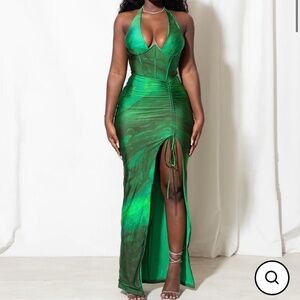 green corset dress with a slit